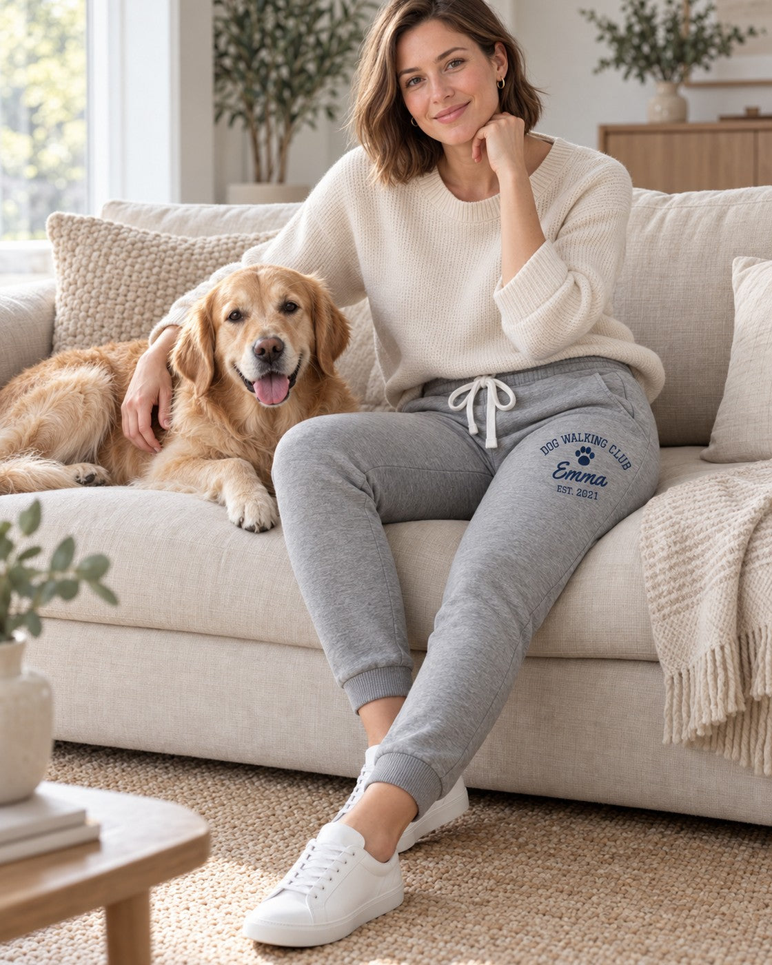 Personalised Dog Walking Club joggers with the dog's name, worn on the sofa, dog Emma