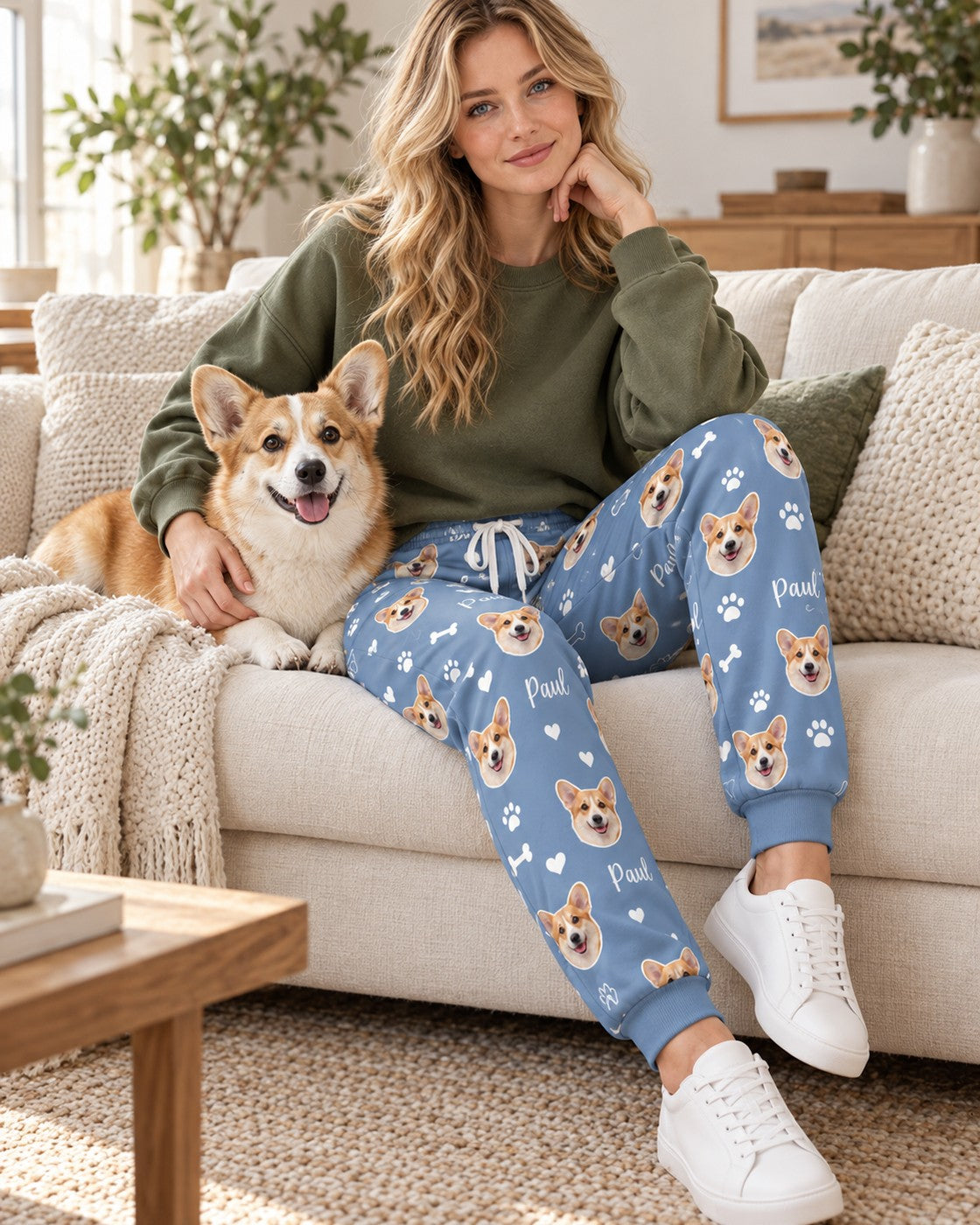 Personalisierte Jogginghose blau mit Hundegesichtern und Name, getragen auf dem Sofa, Hund Paul