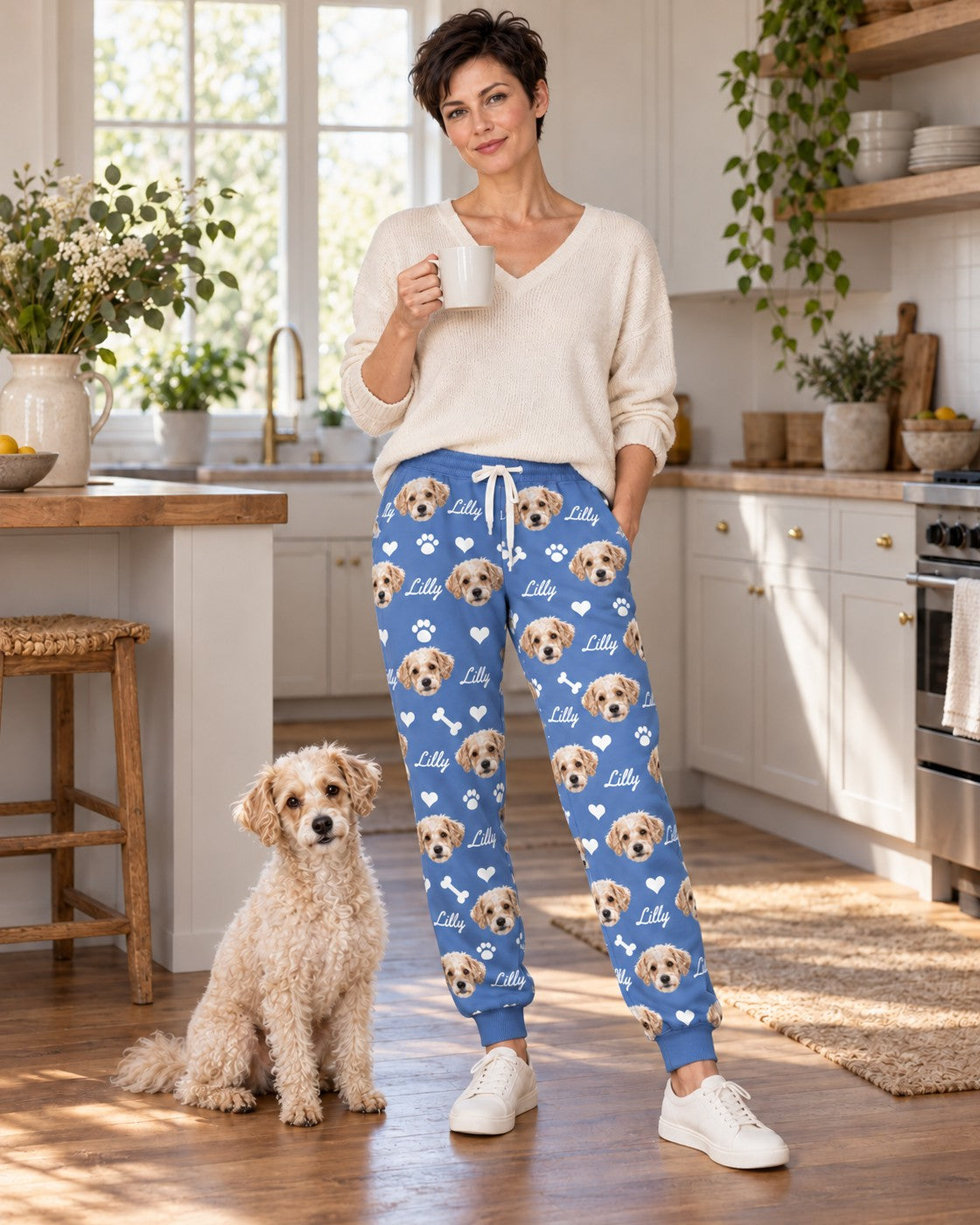 Personalisierte Jogginghose blau mit Hundegesichtern und Name, getragen in der Küche, Hund Lilly