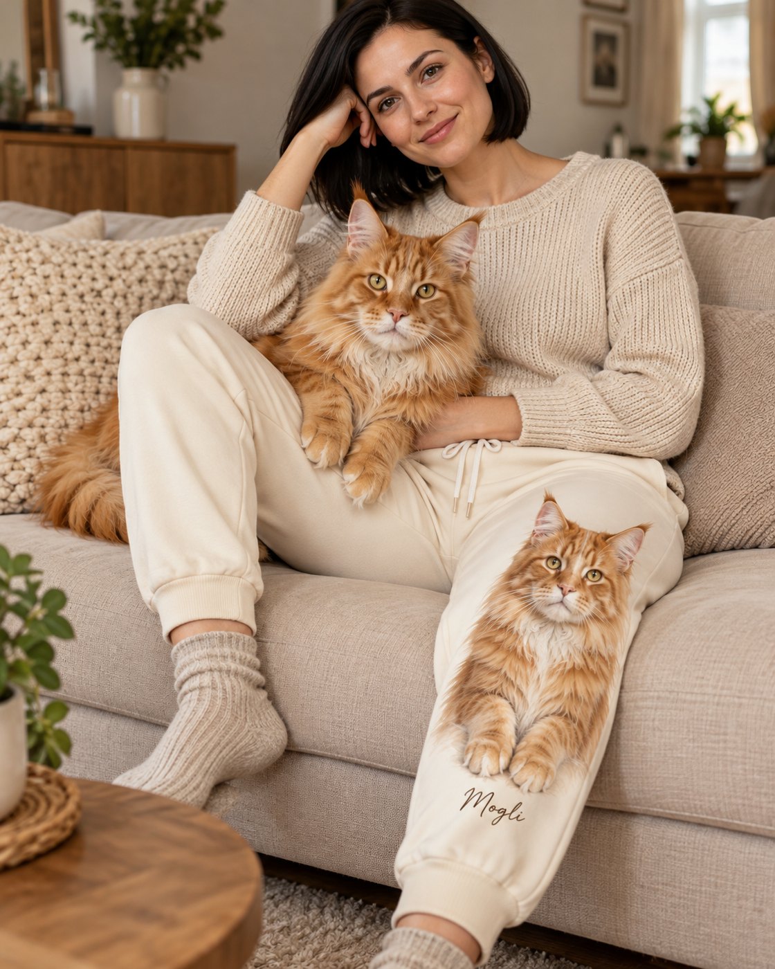 Personalisierte Jogginghose Statement mit großem Katzenportrait, getragen auf dem Sofa, Katze Mogli