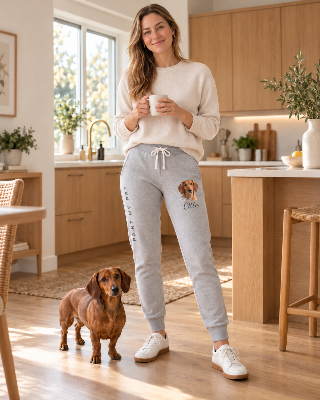 Jogginghose mit Hundeportrait und Namen Otto in der Küche getragen