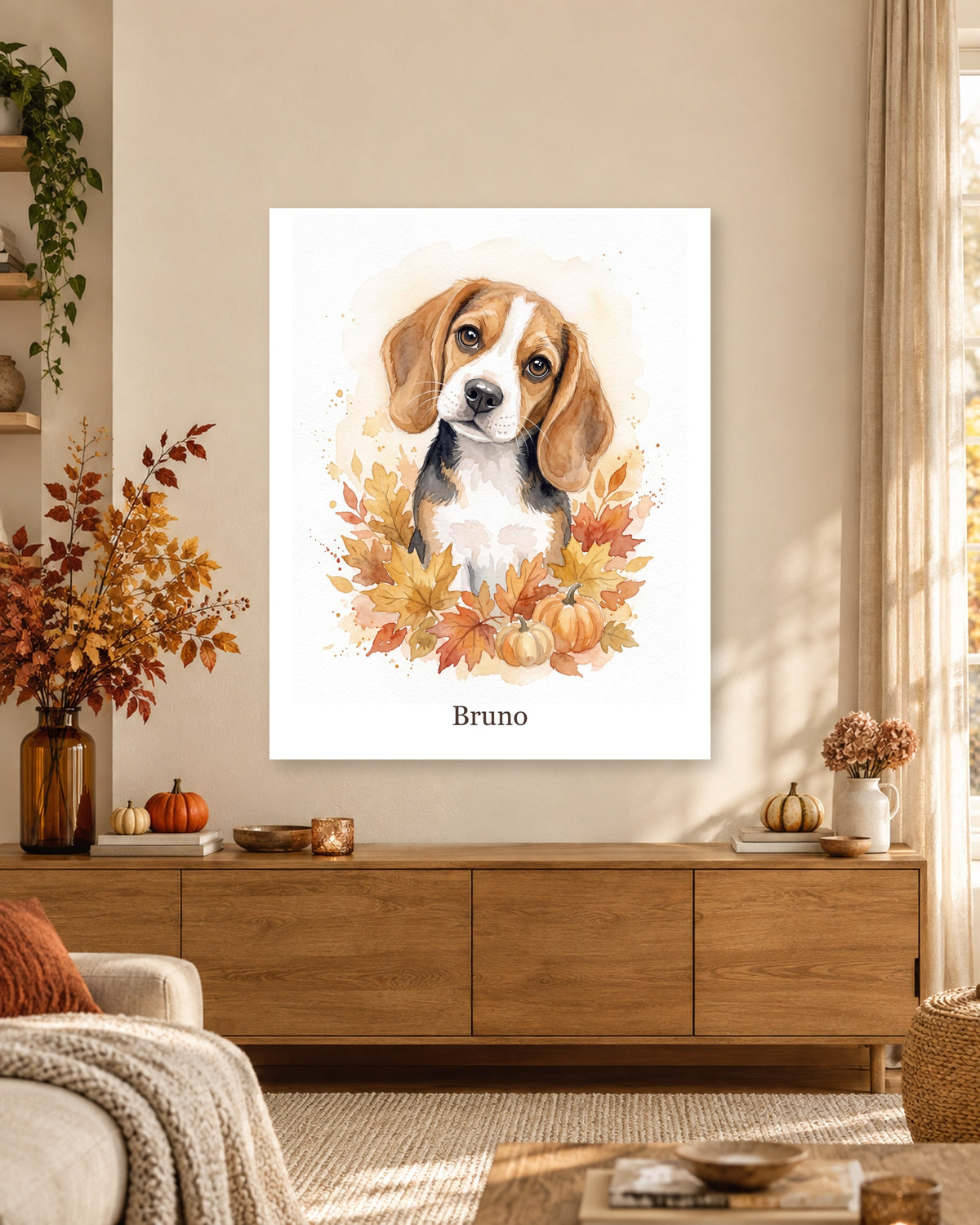 Dein Hund im Herbstlaub als Poster, Beagle Bruno im Aquarellstil, im saisonal dekorierten Wohnraum
