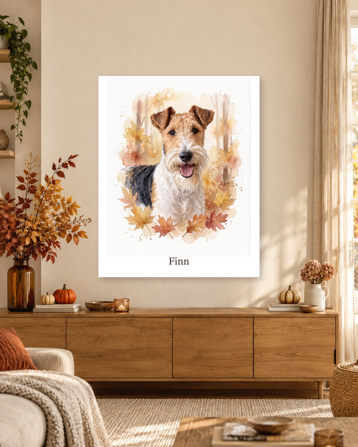 Dein Hund im Herbstwald als Poster, Drahthaar Foxterrier Finn im Aquarellstil, im saisonal dekorierten Wohnraum