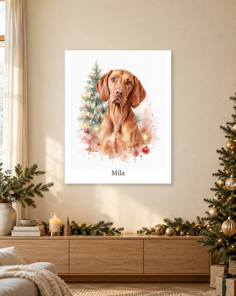 Dein Hund an der Weihnachtstanne als Poster, Magyar Vizsla Mila im Aquarellstil, im saisonal dekorierten Wohnraum