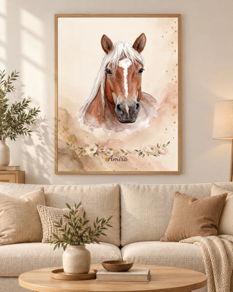 Pferd Amira als Tinte und Gold Portrait im Wohnzimmer