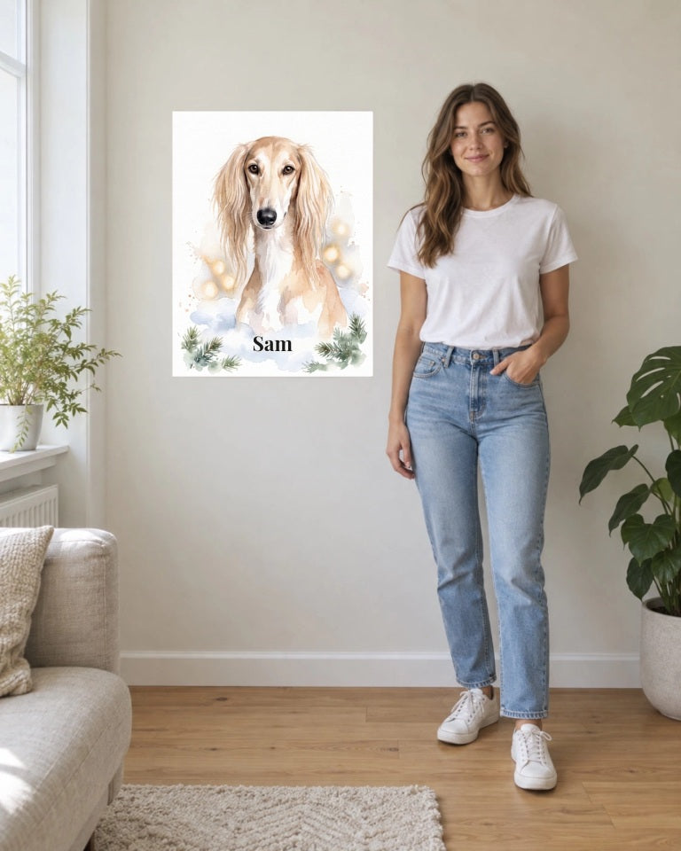 Dein Hund im Weihnachtsschnee: personalisiertes Wandbild, Sam im Aquarellstil neben einer Person als Größenvergleich