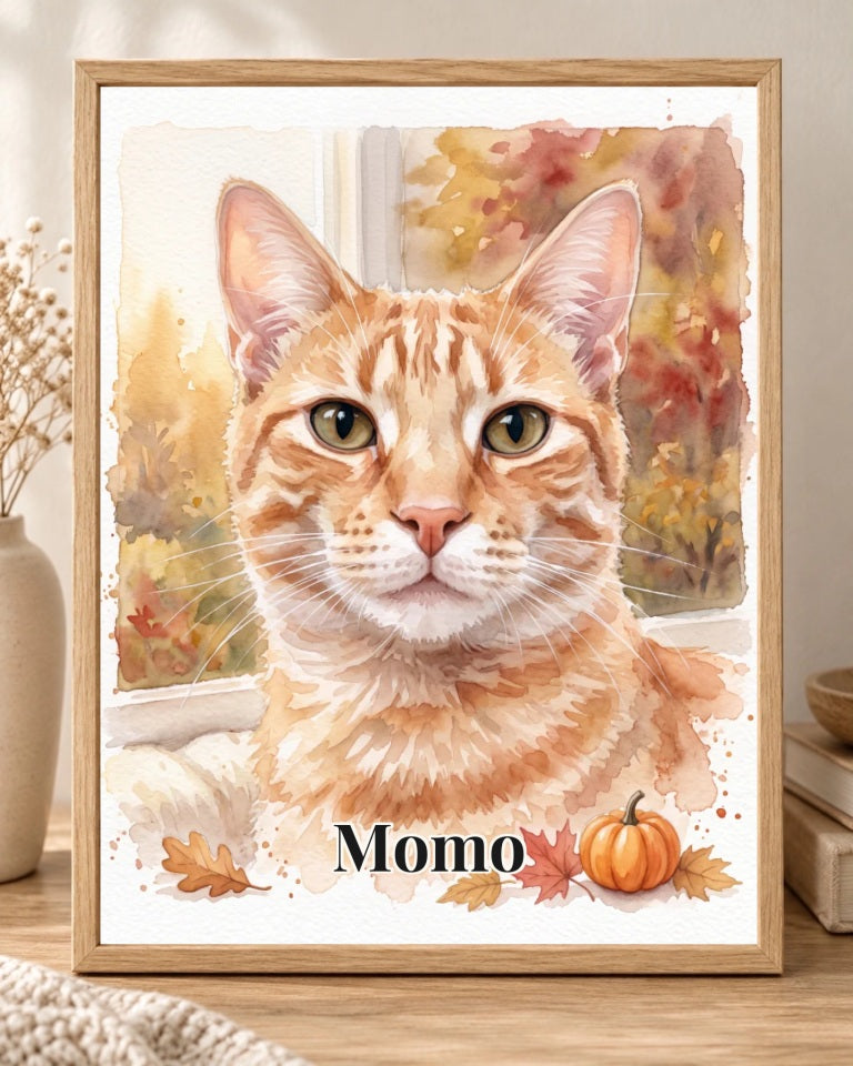 Deine Katze am Herbstfenster: personalisiertes Wandbild, Katze Momo im Aquarellstil in der Druckdetailansicht