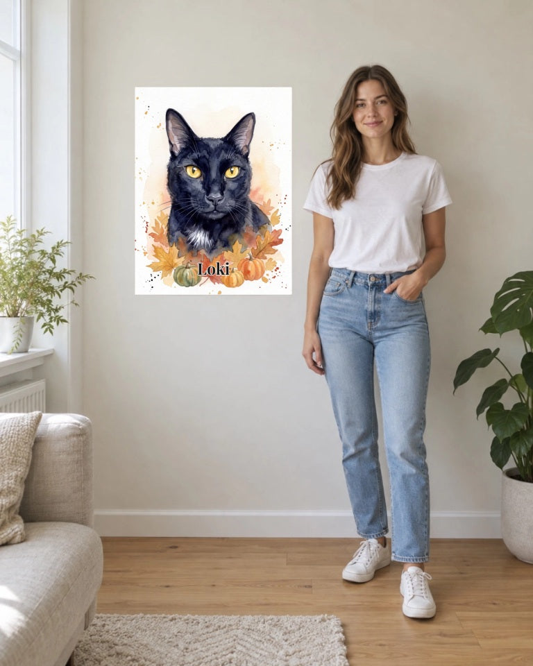 Deine Katze im Herbstlaub: personalisiertes Wandbild, Katze Loki im Aquarellstil neben einer Person als Größenvergleich