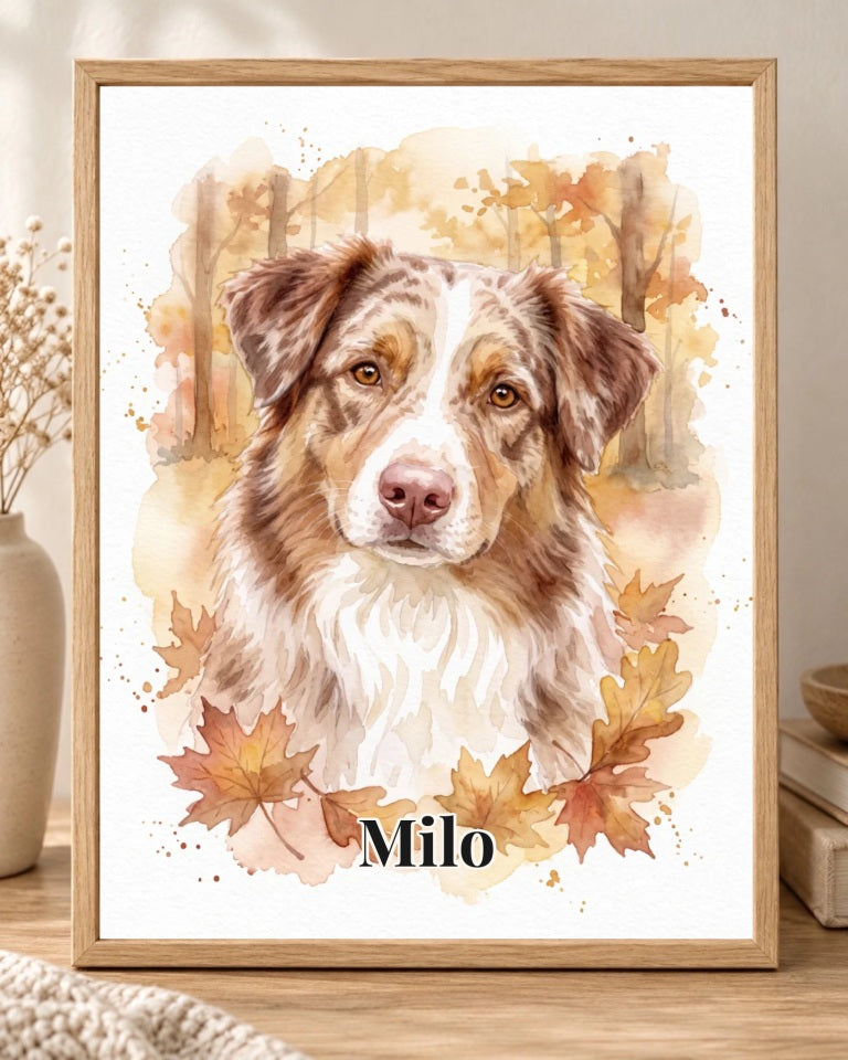 Dein Hund im Herbstwald: personalisiertes Wandbild, Milo im Aquarellstil in der Druckdetailansicht