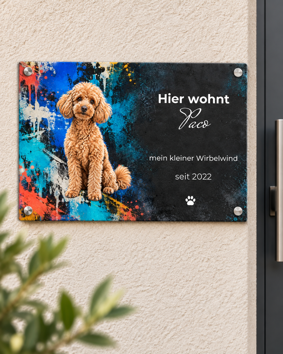 Graffiti-Türschild mit Paco in wählbarer Signaturschrift; Beispiel in 30 × 20 cm