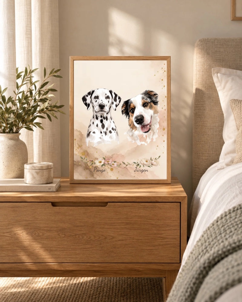 Zwei Hunde pongo und juergen als personalisiertes Doppelportrait, schlafzimmer