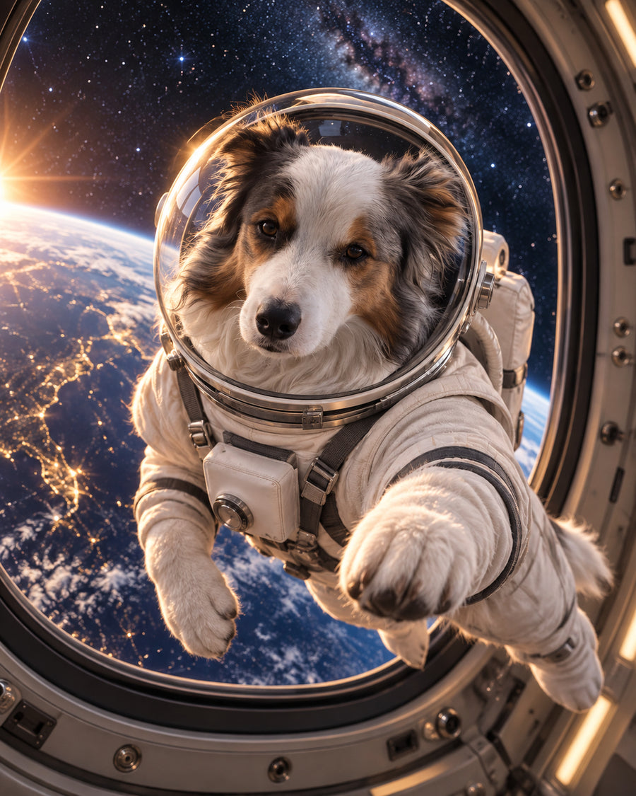 Dog in a spacesuit floating in front of a space station window, with Earth behind