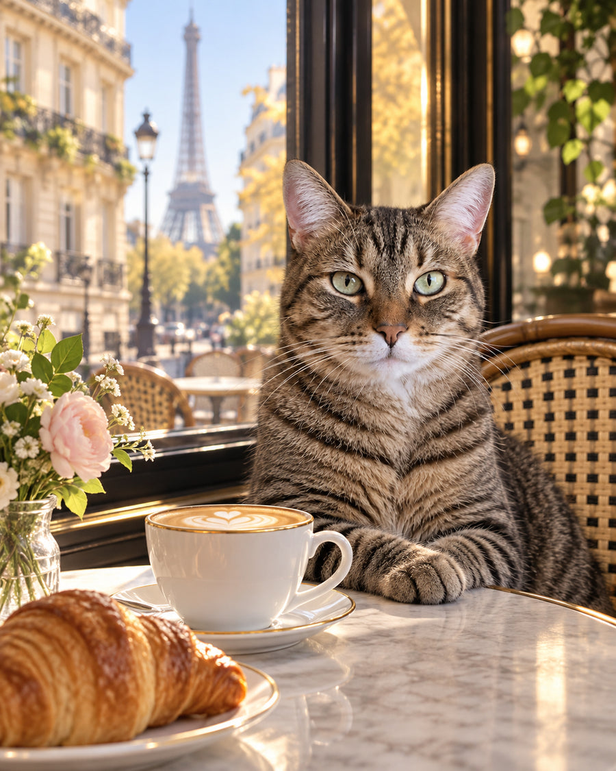 Tabby cat in a Parisian café with a cappuccino and croissant, the Eiffel Tower in the background
