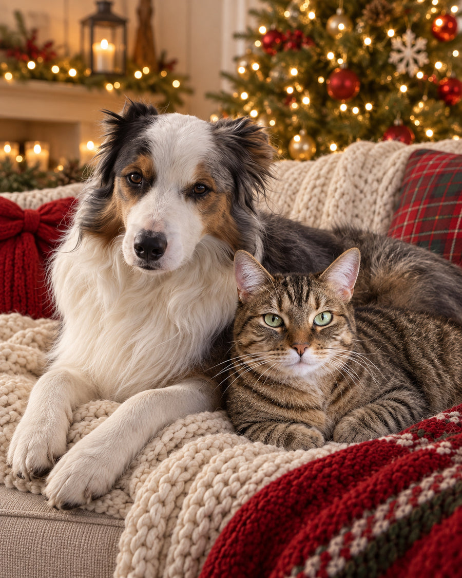 Dog and cat cuddling on the sofa in front of a decorated Christmas tree