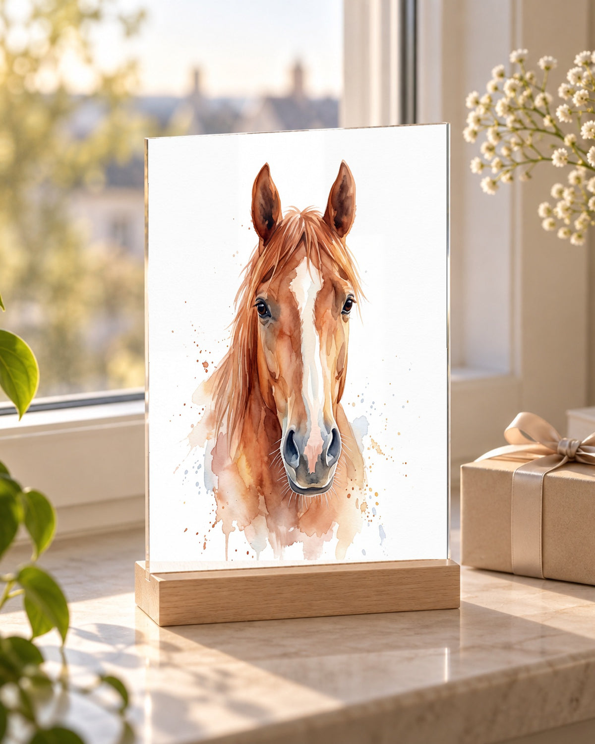 Horse portrait acrylic stand with wooden base in Watercolor style on a windowsill