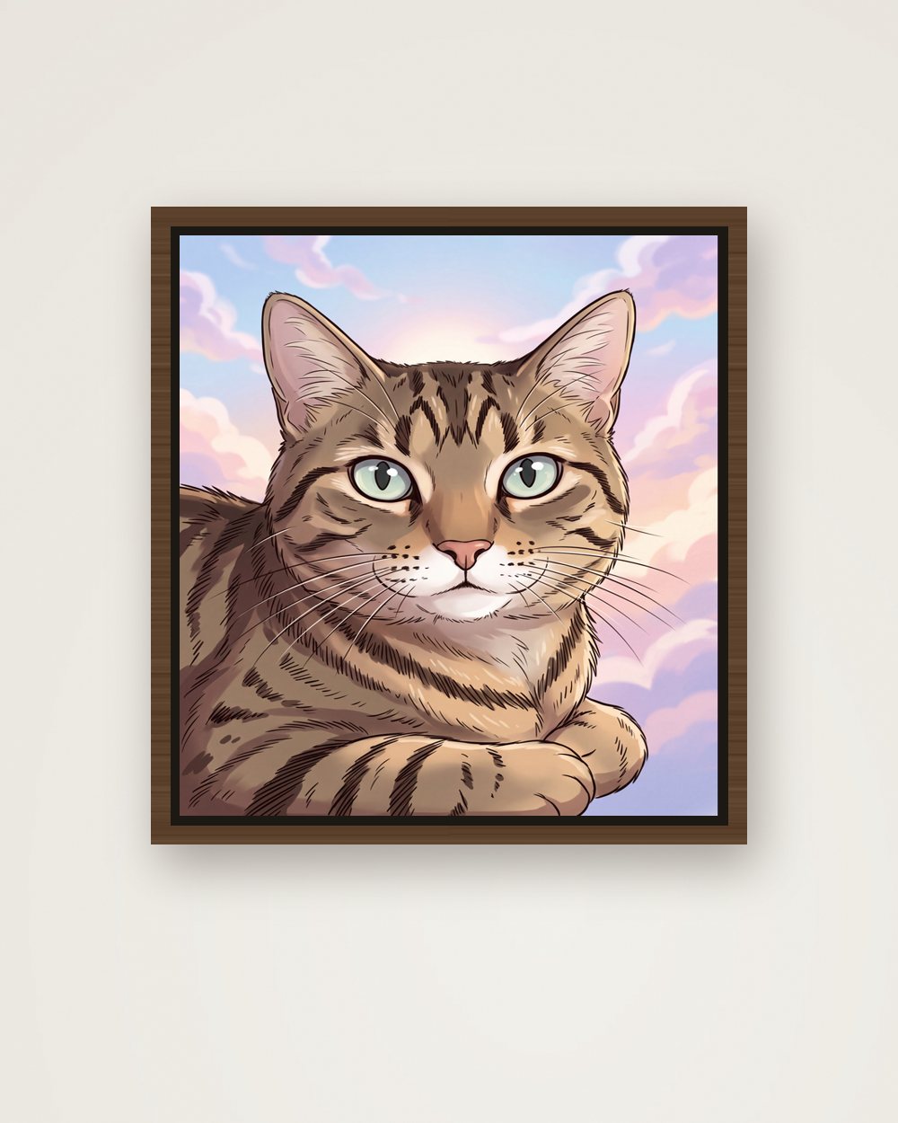 Katzenportrait im Stil Anime auf Leinwand mit Rahmen, Beispiel