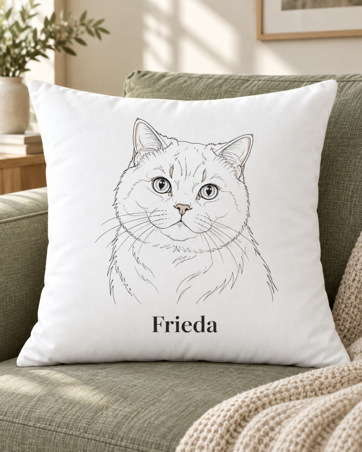 Weißes Kissen mit Britisch Kurzhaar Katze als Linienzeichnung im Minimal Stil und dem Namen Frieda auf grünem Sofa