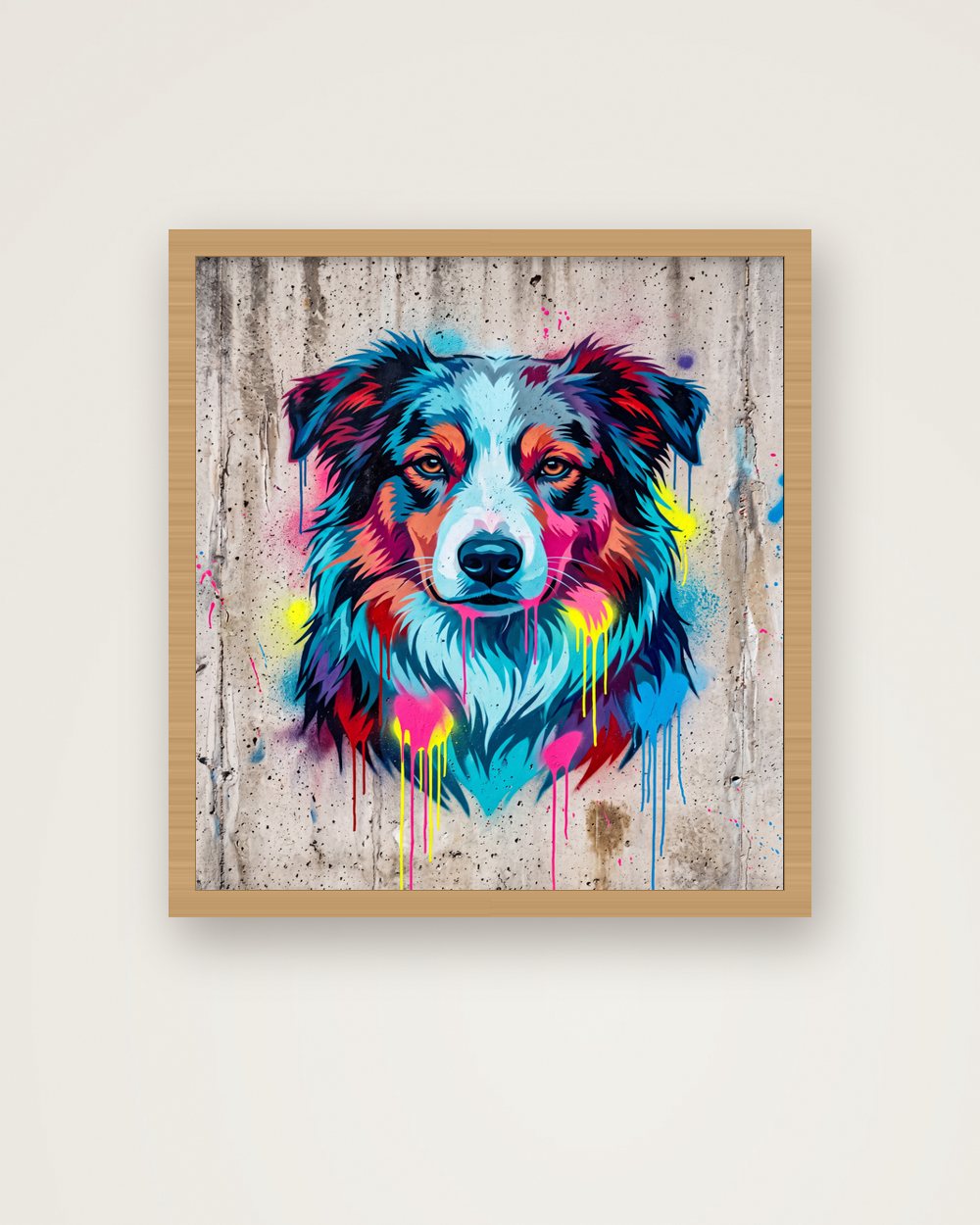 Hundeportrait im Stil Street-Art als Poster im Holzrahmen, Beispiel