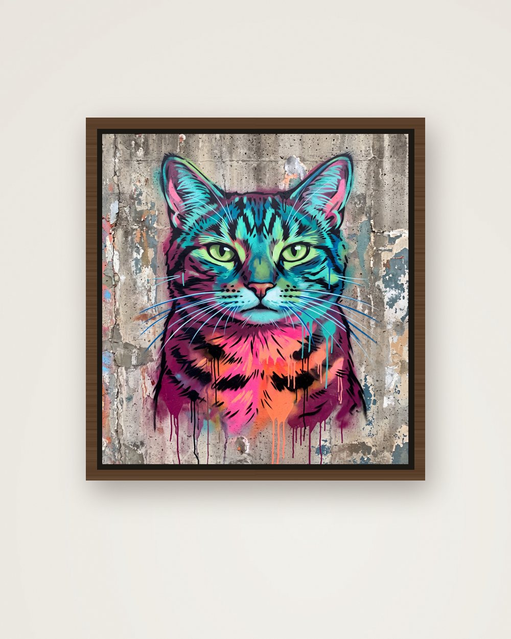 Katzenportrait im Stil Street-Art auf Leinwand mit Rahmen, Beispiel