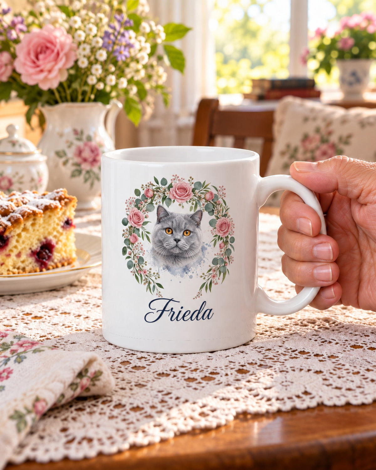 Blütenkranz-Tasse mit grauer Britisch-Kurzhaar-Katze im rosa Blütenkranz und dem Namen Frieda an der Kaffeetafel