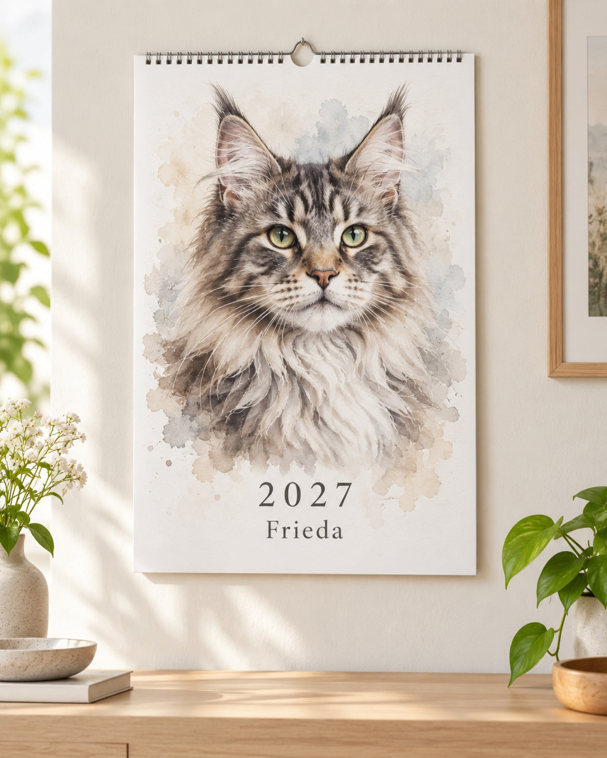 Haustier-Wandkalender 2027 mit Maine-Coon-Katze Frieda im Aquarell-Stil auf dem Titelblatt an einer hellen Wand