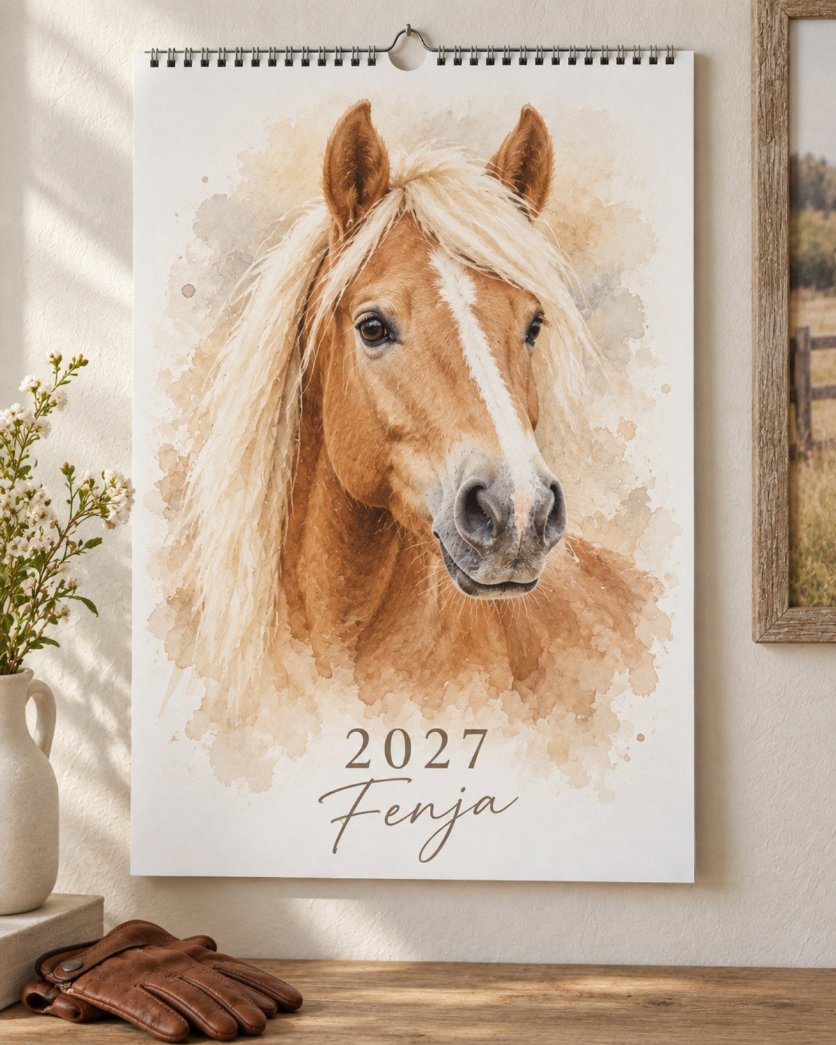 Haustier-Wandkalender 2027 mit Haflinger Fenja im Aquarell-Stil auf dem Titelblatt, daneben Reithandschuhe