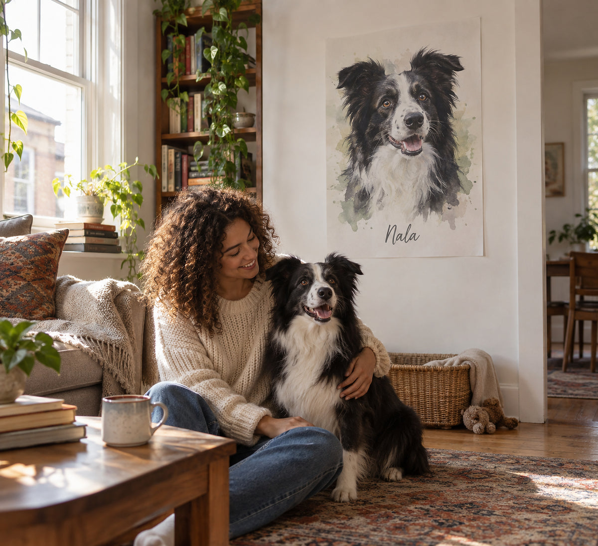 Dog portrait poster in a living room, Border Collie named Nala