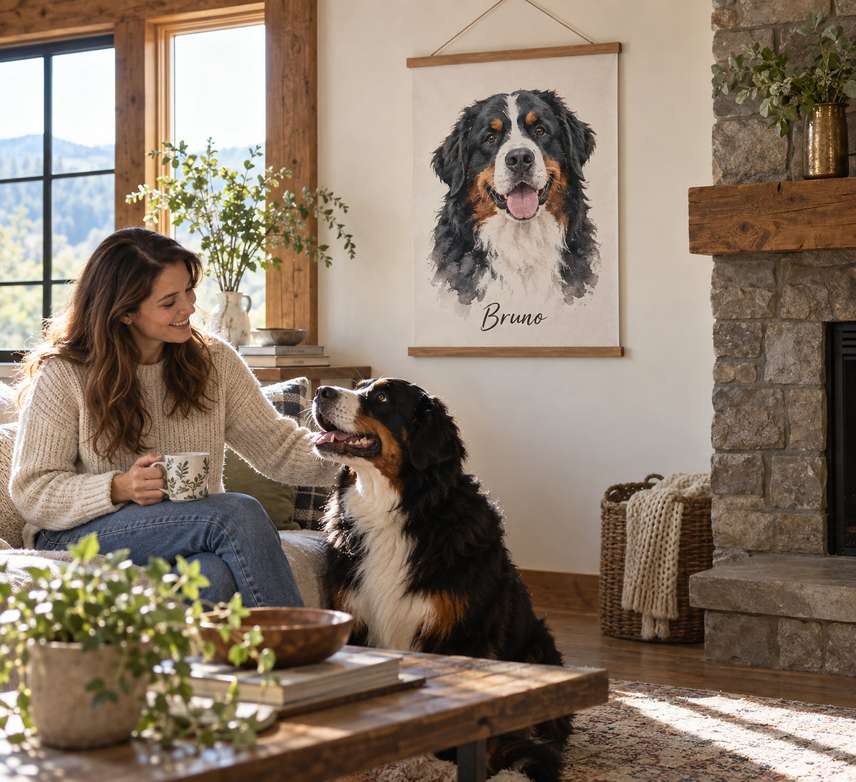 Dog portrait poster with hanger in a living room, Bernese Mountain Dog named Bruno