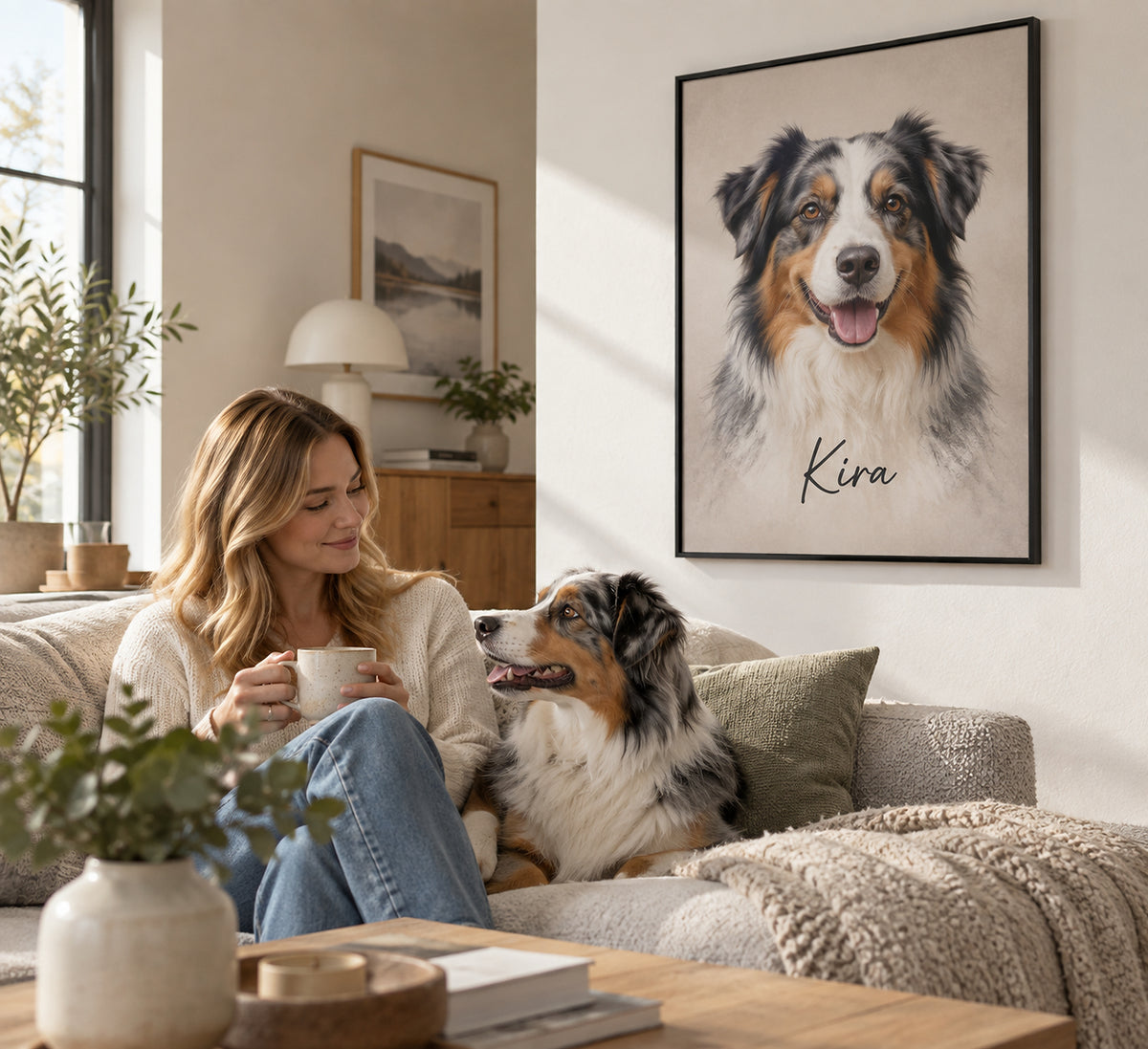 Dog portrait in a metal frame in a living room, Australian Shepherd named Kira