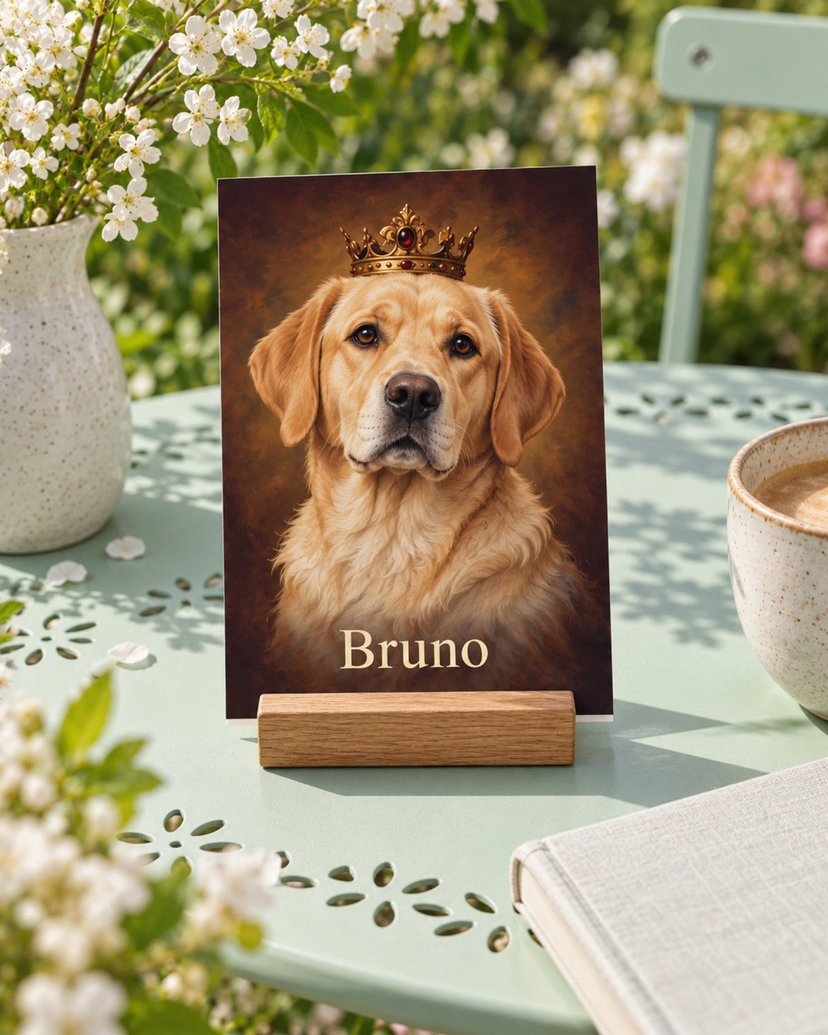 Postkarte A6 mit gelber Labrador Bruno im Royal Stil auf einem mintfarbenen Gartentisch im Frühling