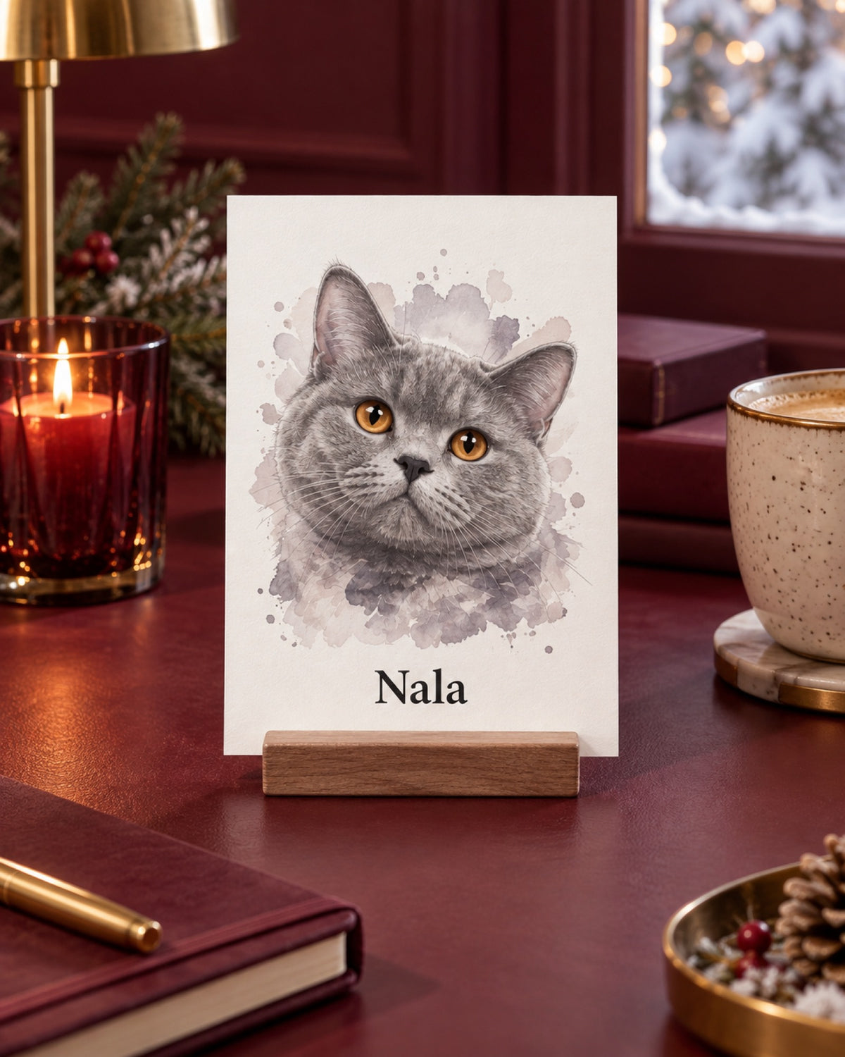 Postkarte A6 mit graue Britisch Kurzhaar Nala im Aquarell Stil auf einem burgunderfarbenen Schreibplatz im Winter