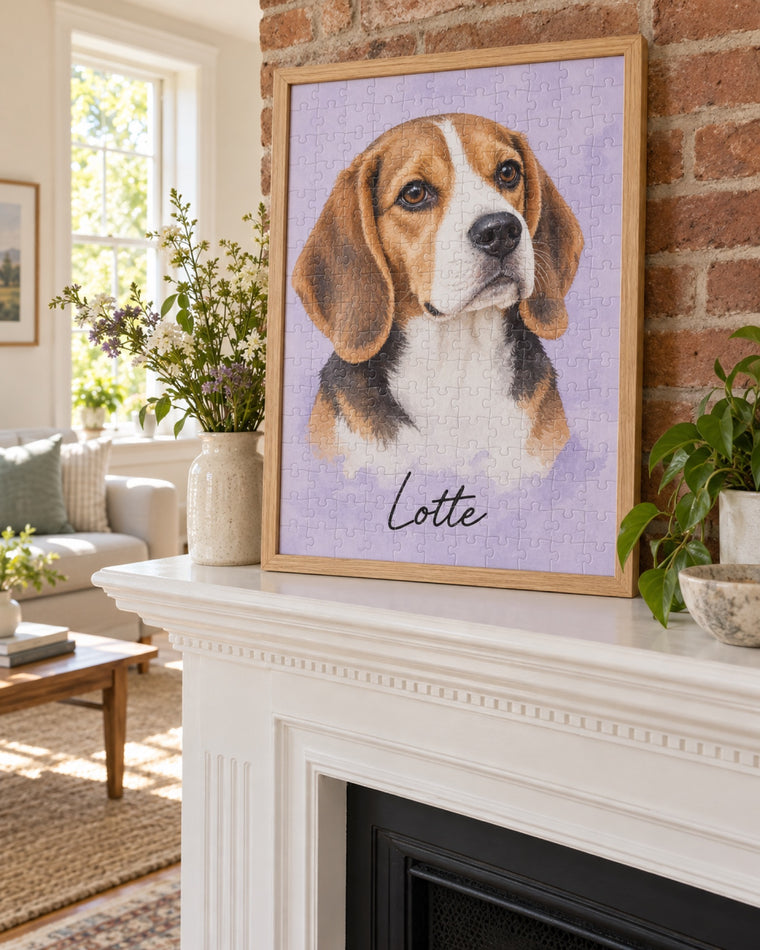 Fertiges Puzzle mit Beagle Lotte als Dekorationsbeispiel im Holzrahmen auf einem Kaminsims
