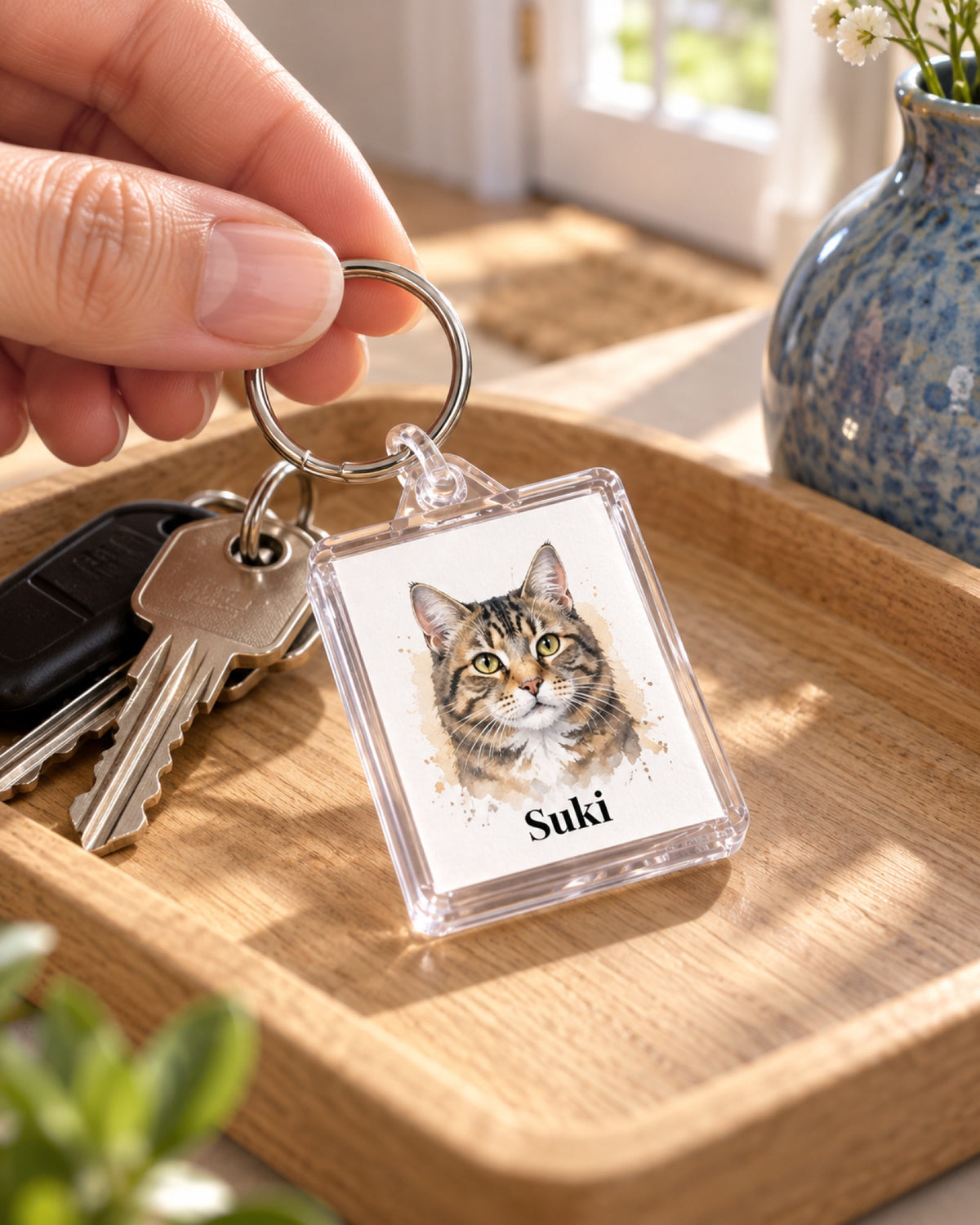 Rechteckiger transparenter Schlüsselanhänger mit Tigerkatze Suki in der Hand über einer Schlüsselablage