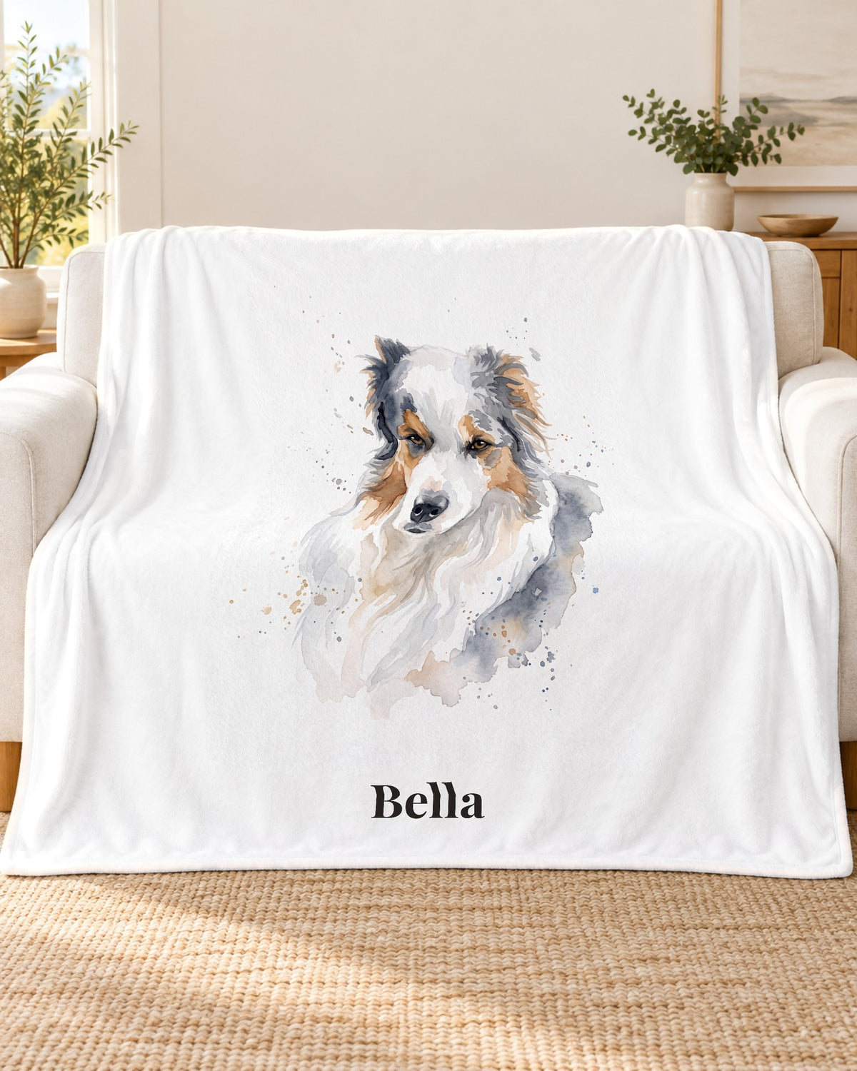 Sherpa-Decke mit Hundeportrait im Aquarell-Stil und Namen Bella über dem Sofa