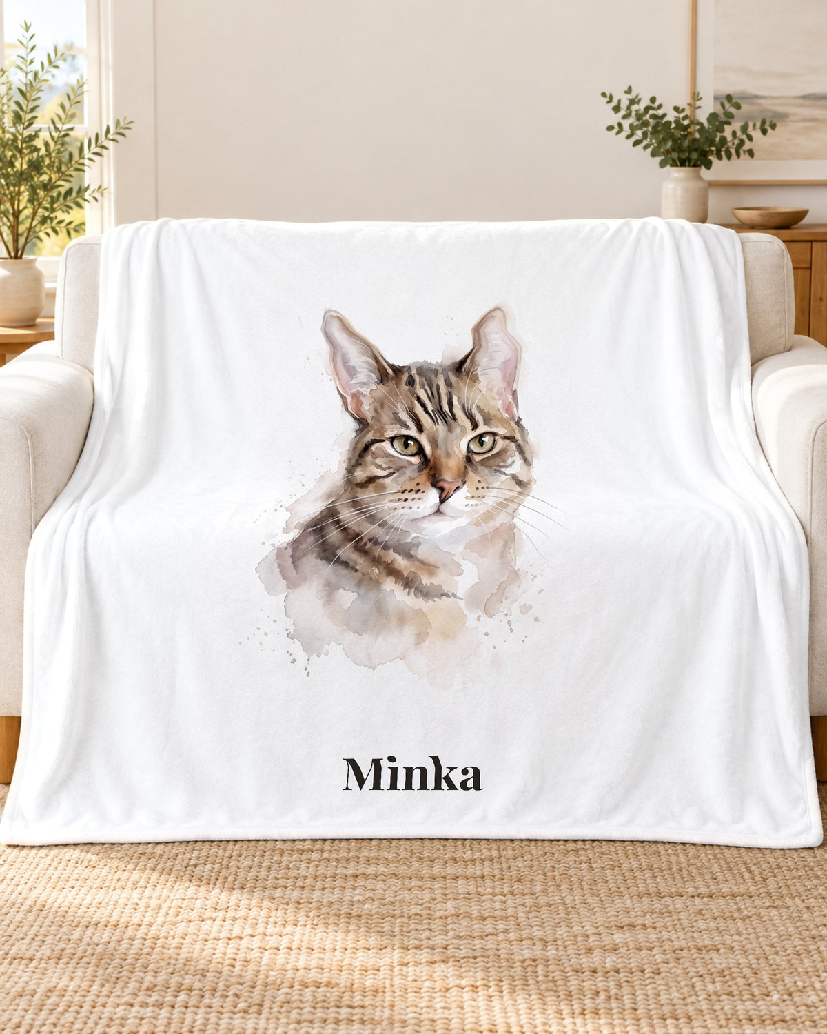 Sherpa-Decke mit Katzenportrait im Aquarell-Stil und Namen Minka über dem Sofa