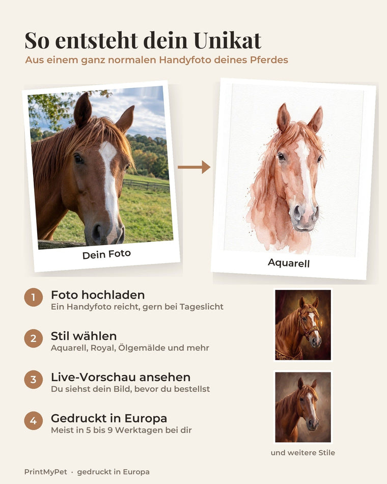 So entsteht dein Unikat: aus dem Handyfoto deines Pferdes wird ein Portrait im Stil deiner Wahl, mit Live-Vorschau vor der Bestellung
