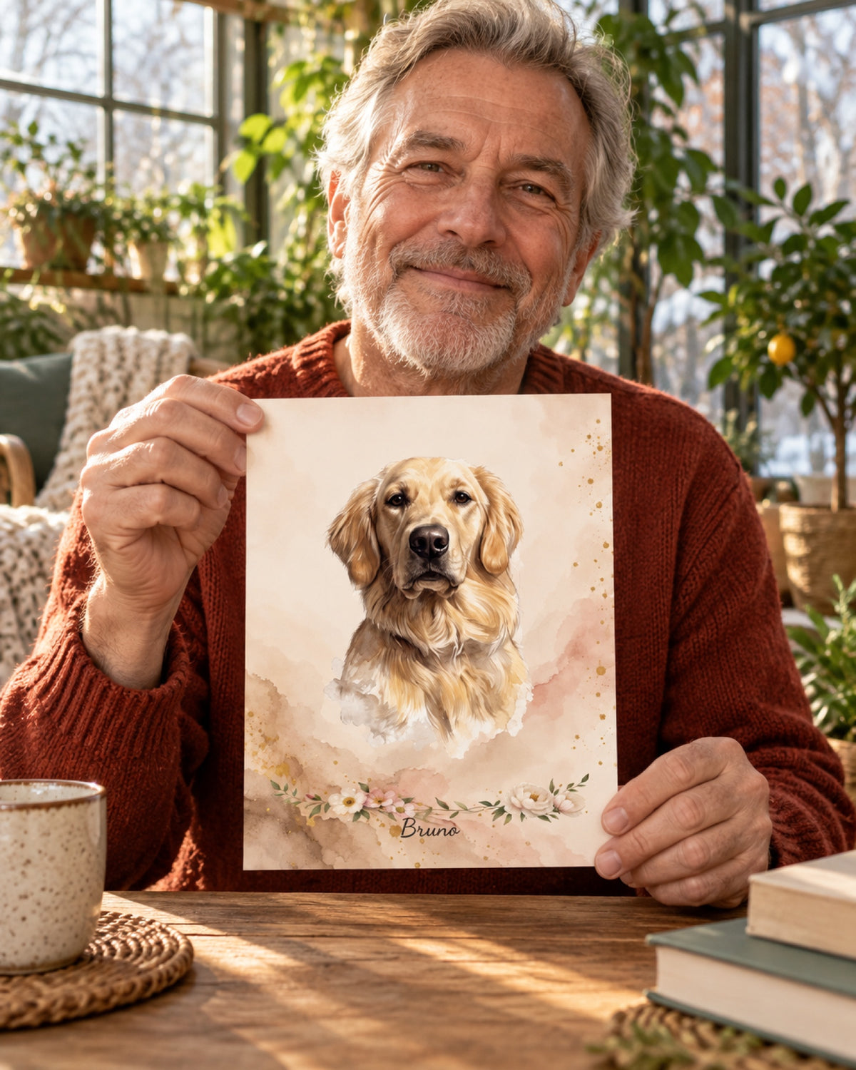 Ungerahmtes Poster mit Golden Retriever Bruno in einer Lifestyle-Szene: grüner Wintergarten, rahmenloses Poster in Händen eines älteren Mannes mit rostrotem Pullover