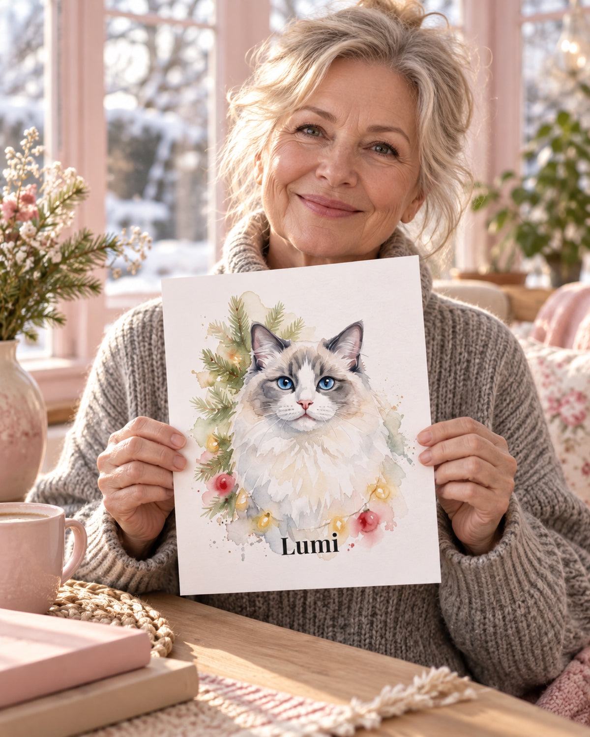 Ungerahmtes Poster mit Ragdoll Lumi in einer Lifestyle-Szene: hellrosa Wintergarten, kleines rahmenloses Poster in Händen einer älteren Frau mit grauem Strick