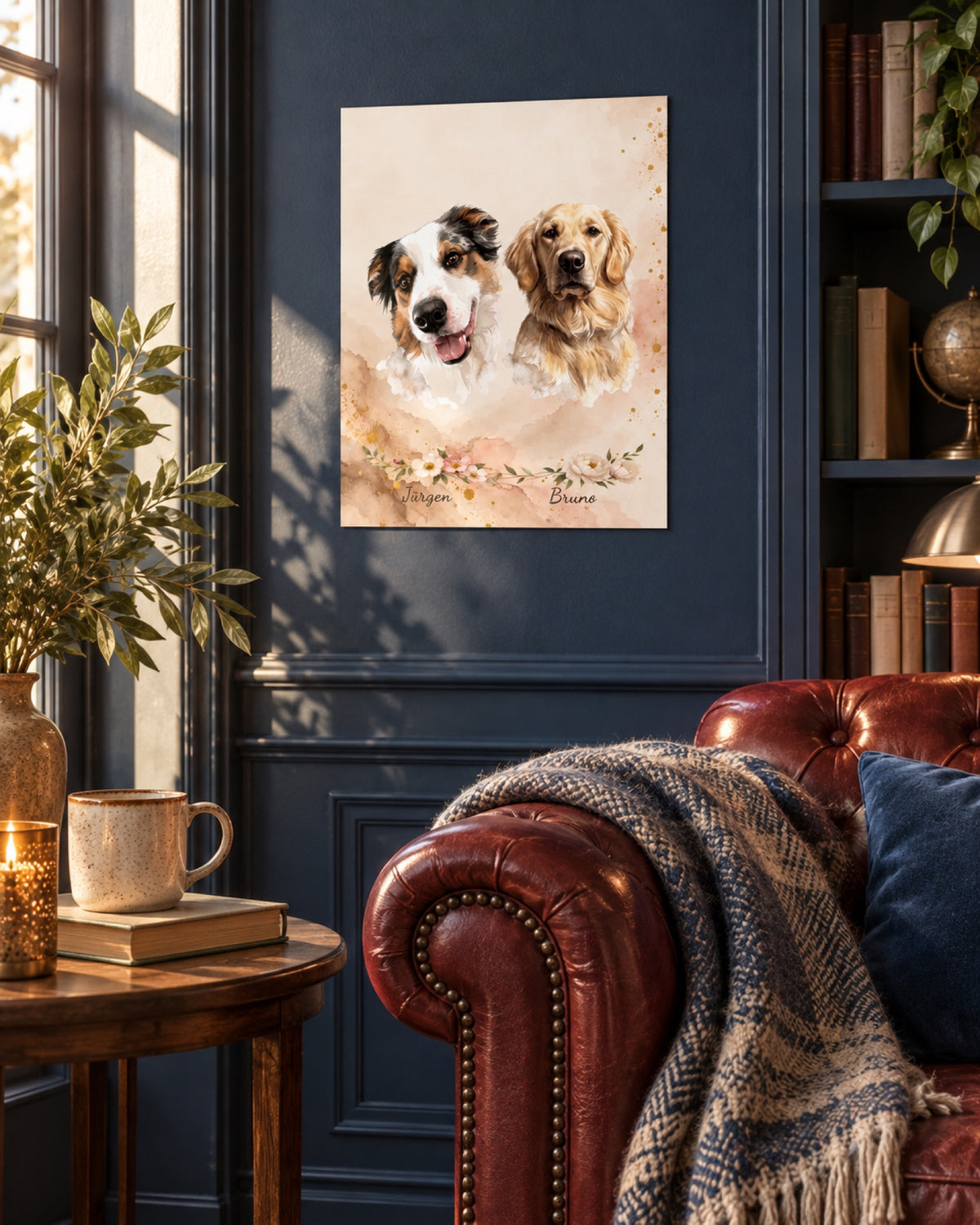 Ungerahmtes Poster mit Australian Shepherd Jürgen und Golden Retriever Bruno in einer Lifestyle-Szene: dunkelblaue Bibliothek, kleines ungerahmtes Doppelportrait über einem roten Ledersessel, Spätsommerlicht