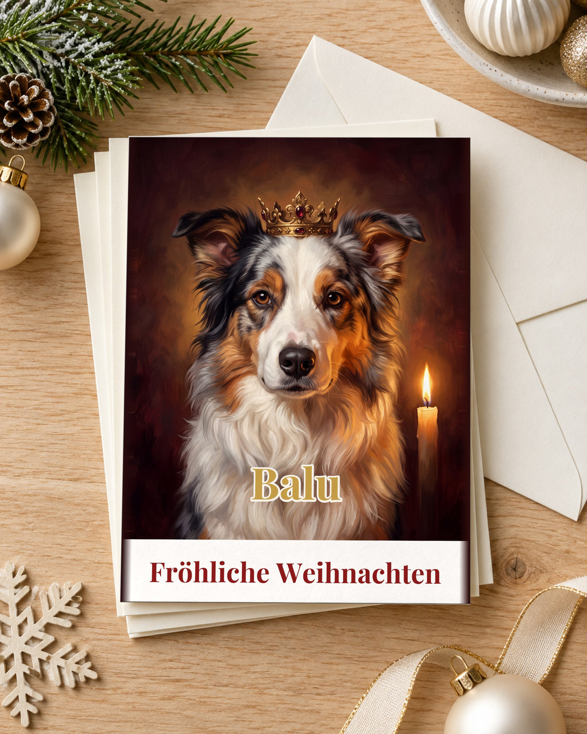 Weihnachtskarten mit deinem Hund im Royal-Stil mit Namen Balu, Stapel mit Umschlag