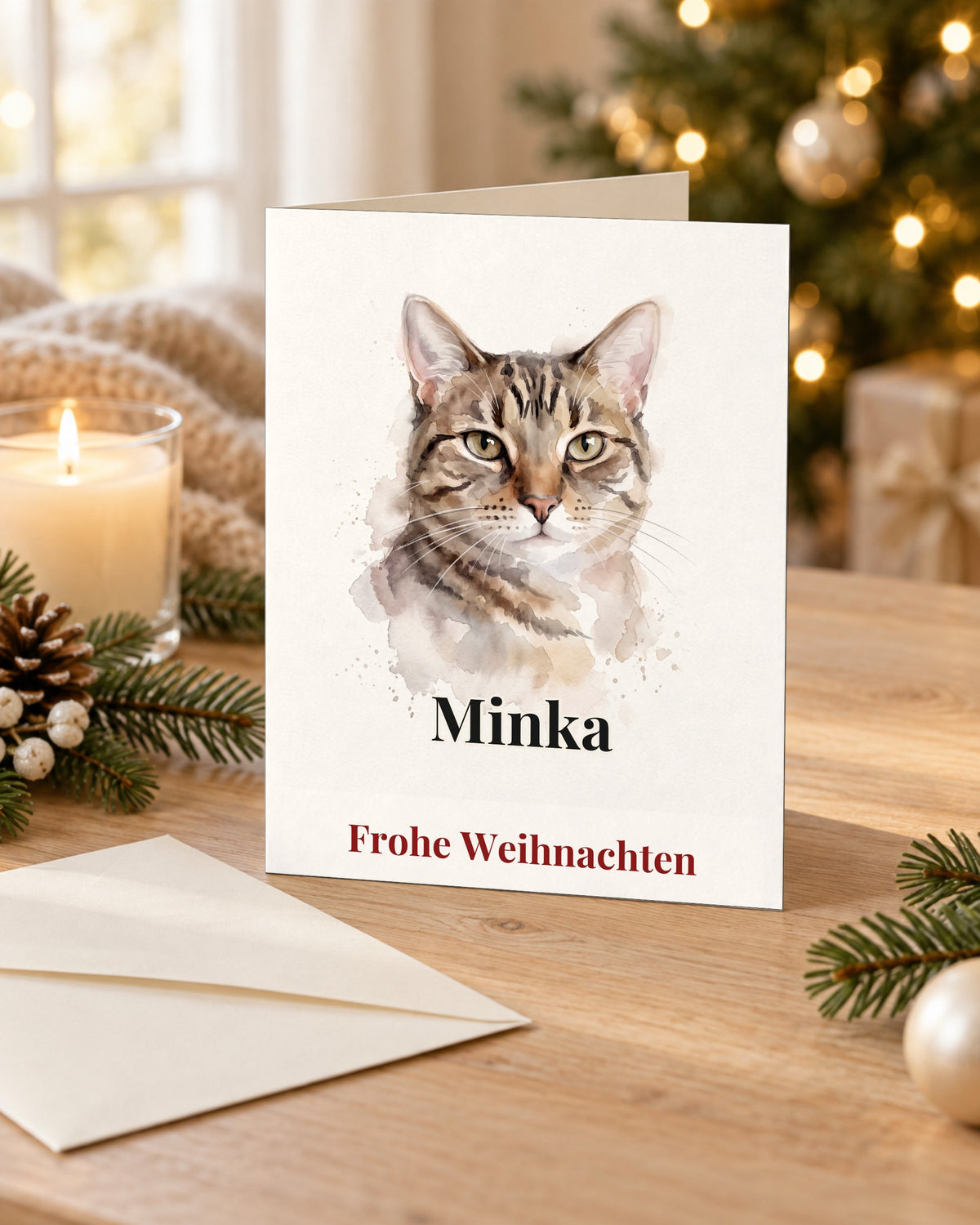 Weihnachtskarte mit deiner Katze im Aquarell-Stil mit Namen Minka, aufgestellt am Weihnachtsbaum