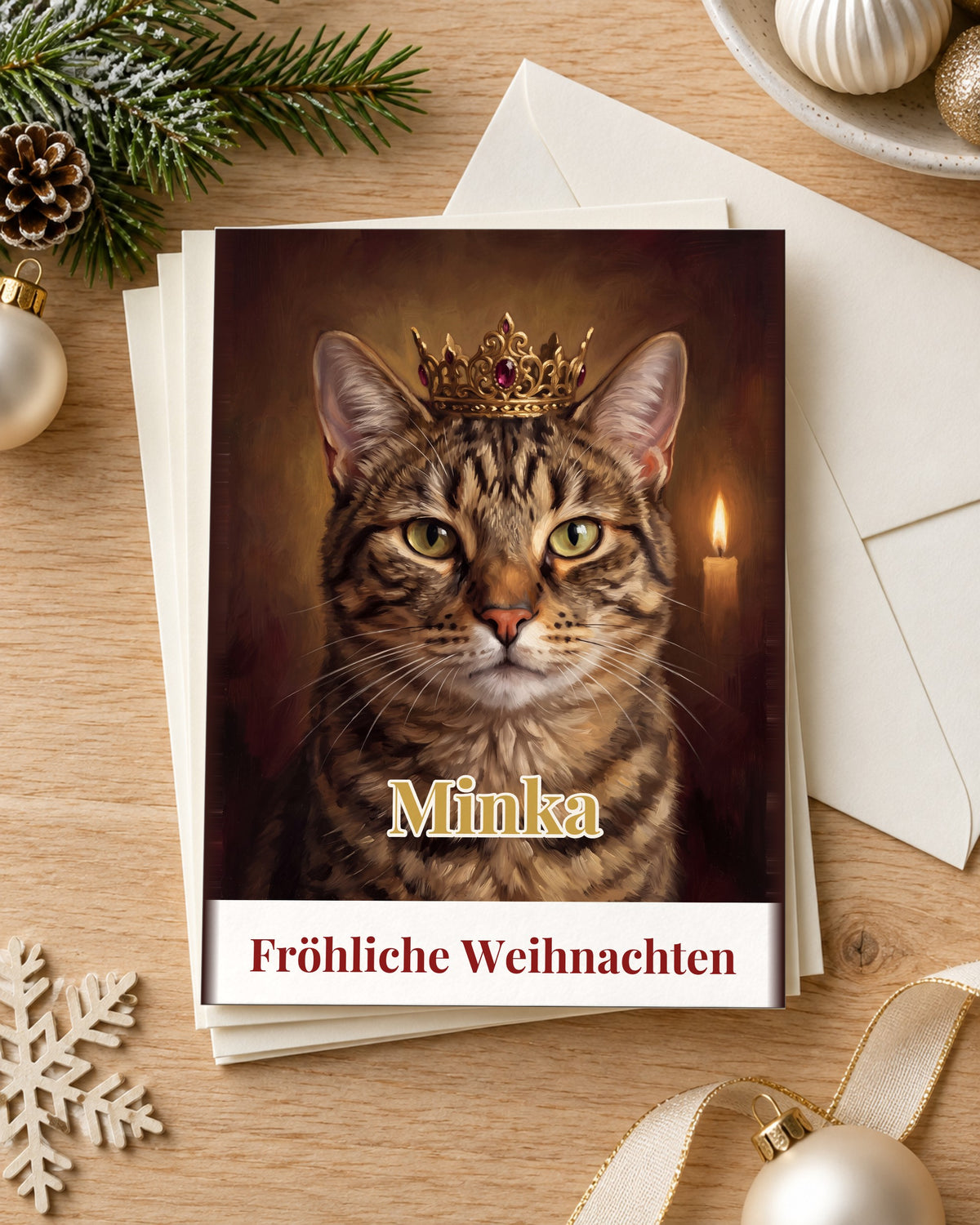 Weihnachtskarten mit deiner Katze im Royal-Stil mit Namen Minka, Stapel mit Umschlag