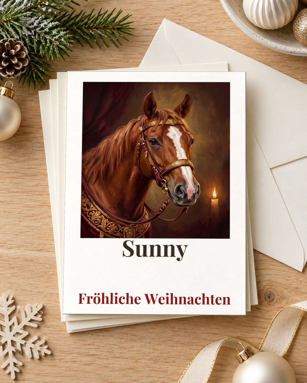 Weihnachtskarten mit deinem Pferd im Royal-Stil mit Namen Sunny, Stapel mit Umschlag