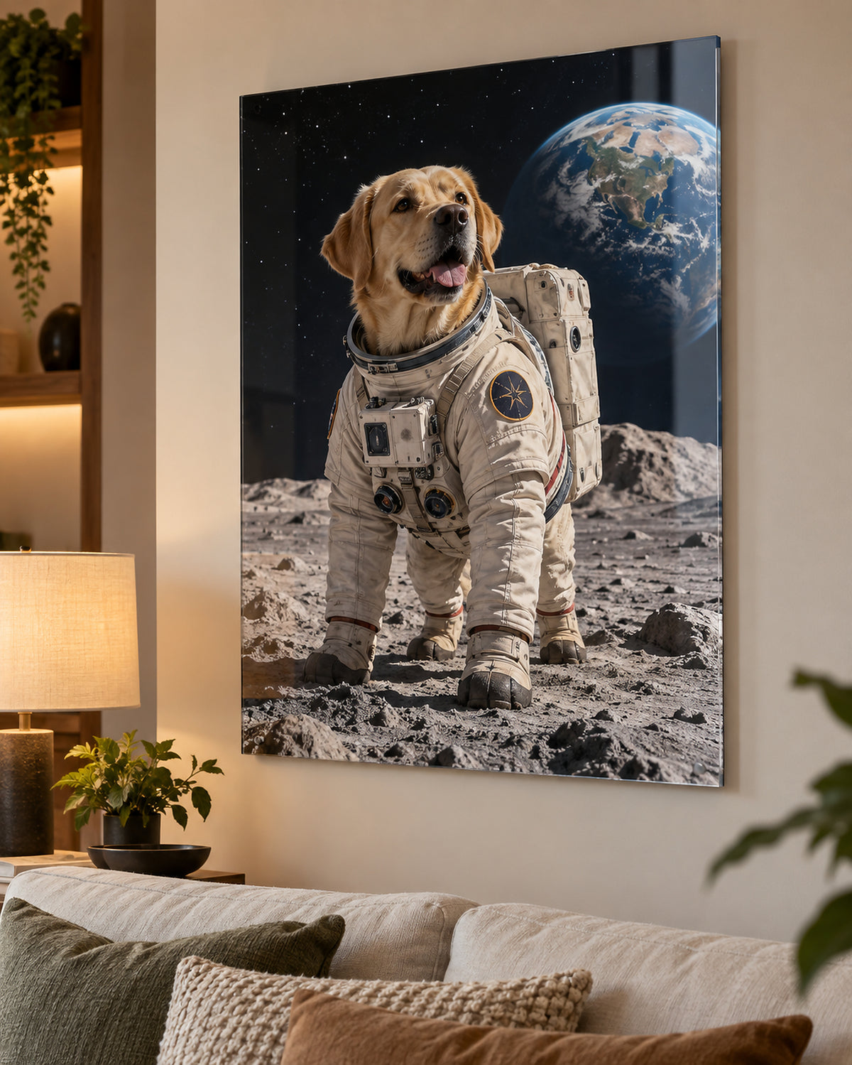 Custom picture on acrylic glass: dog as an astronaut on the moon