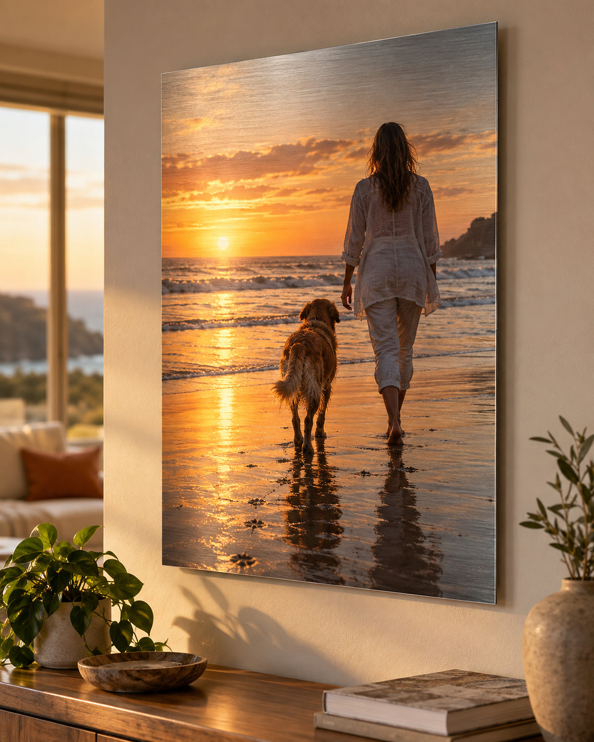 Custom picture on aluminum: dog with a woman on the beach